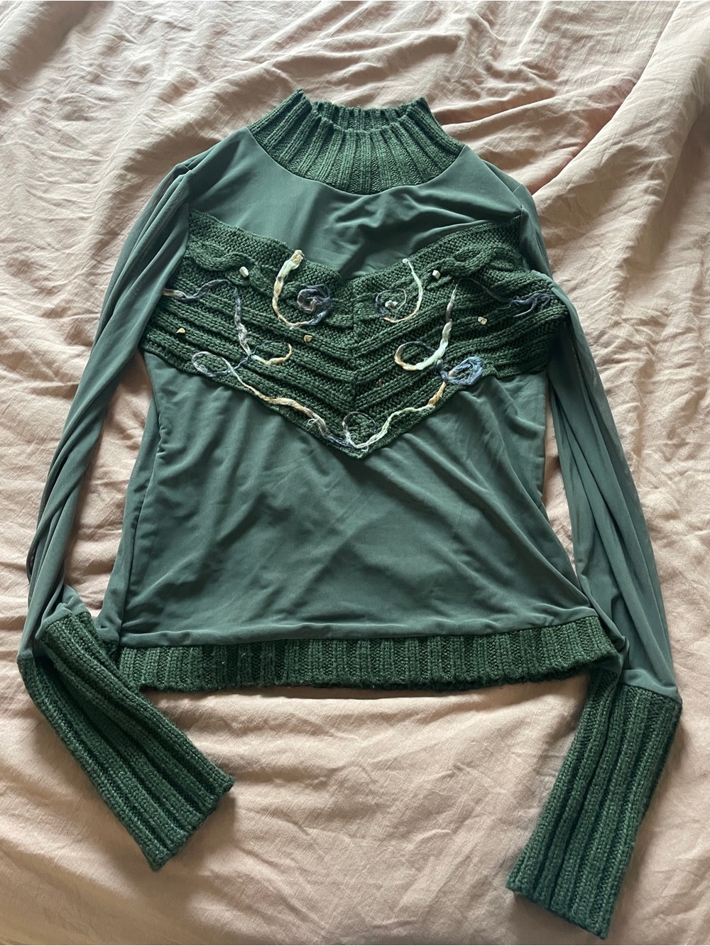 Vintage Intrama Italy Green Mixed Media Mock Neck Sweater Top